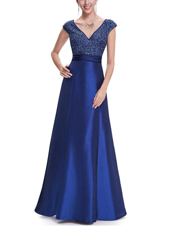 A-Line V-Neck Floor Length Taffeta Evening Dresses