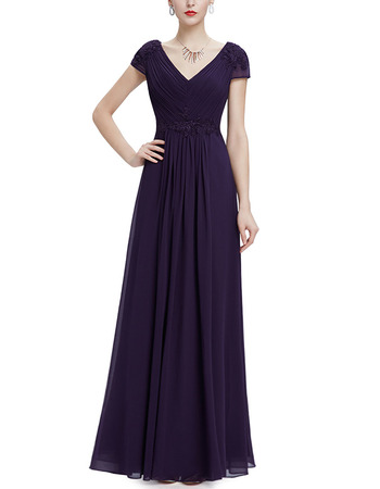 Custom V-Neck Floor Length Chiffon Evening Dresses with Short Sleeves