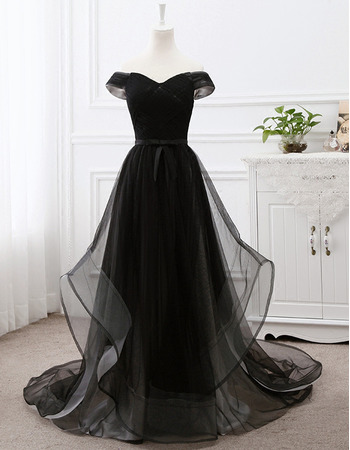 Off-the-shoulder Sweep Train Organza Black Evening Dresses