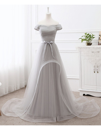 Custom Off-the-shoulder Sweep Train Organza Evening Dress with Sash