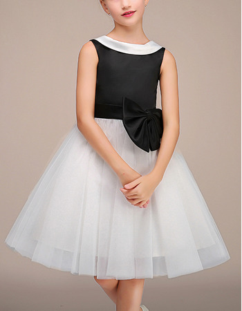 Adorable Lapel Knee Length Black & White Little Girls Party Dresses