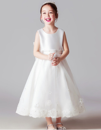 Sleeveless Tea Length Satin Flower Girl Dresses