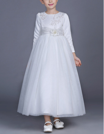 Custom Ankle Length Satin Flower Girl Dresses with Long Sleeves