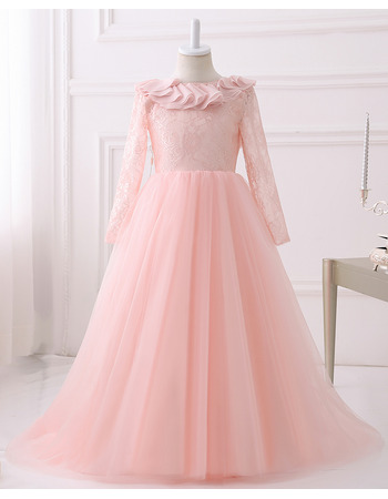 New Floor Length Lace Flower Girl Dresses with Long Sleeves