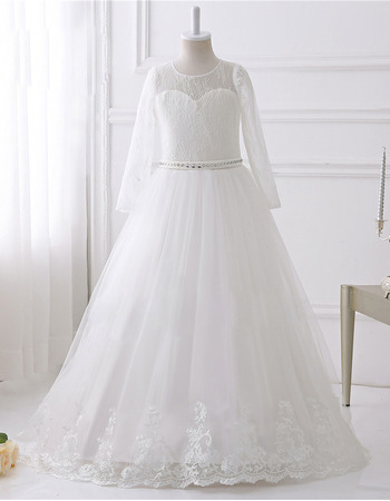 Discount Floor Length Lace Flower Girl Dresses with Long Sleeves