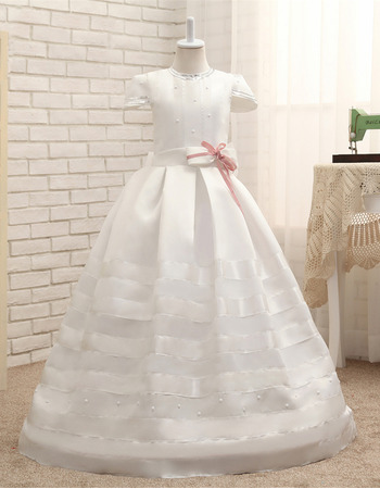 Adorable Floor Length Satin Flower Girl Dresses with Cap Sleeves