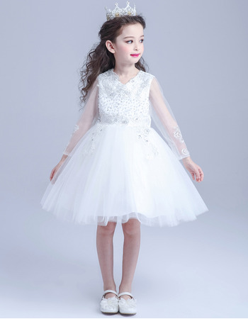 Adorable A-Line Short Organza Flower Girl Dresses with Long Sleeves