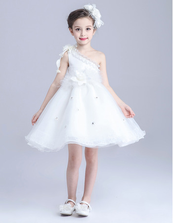 New A-Line One Shoulder Sleeveless Short Satin Flower Girl Dress