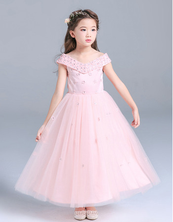 Custom V-Neck Tea Length Flower Girl/ Little Girls Party Dresses