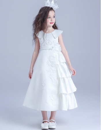 Inexpensive Lapel Tea Length Satin Flower Girl/ First Communion Dress