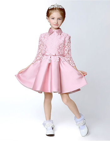 Adorable Short Satin Lace Flower Girl Dresses with Long Sleeves