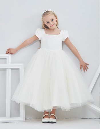 Tea Length Flower Girl Dresses with Bubble Sleeves