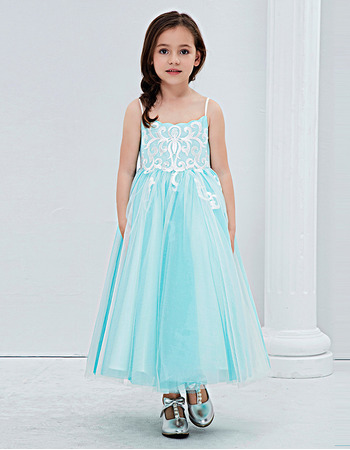 Custom Tea Length Embroidery Flower Girl Dresses with Spaghetti Straps