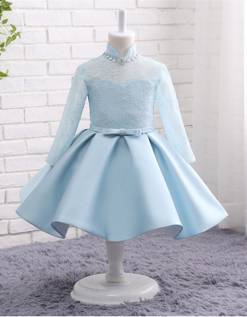 Custom Mandarin Collar Knee Length Flower Girl Dress with Long Sleeves