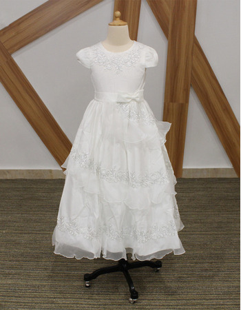 Affordable Tea Length Flower Girl/ Communion Dress with Cap Sleeves