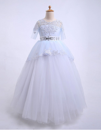 Custom Ball Gown Floor Length Flower Girl Dresses with Half Sleeves