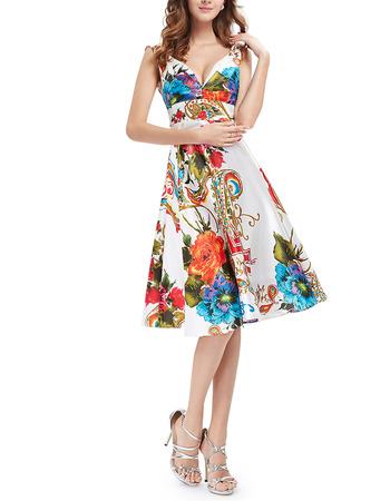 Sexy A-Line V-Neck Knee Length Printed Satin Homecoming Dresses