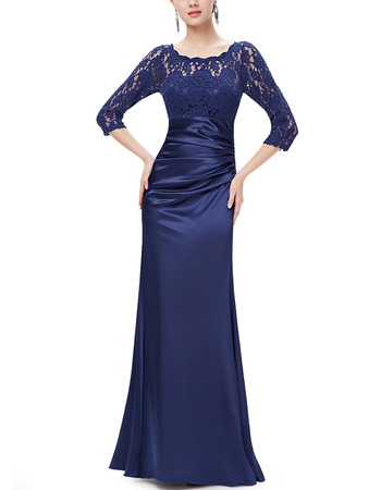 Discount Floor Length Satin Mother Gowns with 3/4 Long Lace Sleeves