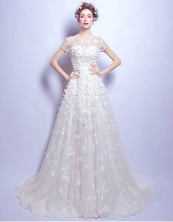 Custom Sweep Train Organza Applique Wedding Dresses with Short Sleeves