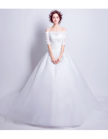 Elegant Off-the-shoulder Chapel Train Wedding Dress with Half Sleeves