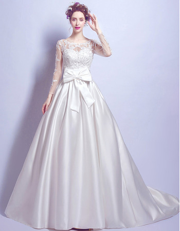 Chapel Train Satin Wedding Dresses with Long Sleeves