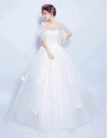 Elegant Ball Gown Floor Length Organza Wedding Dress with Short Sleeves