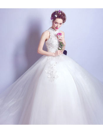 Custom Ball Gown Mandarin Collar Sleeveless Floor Length Wedding Dress