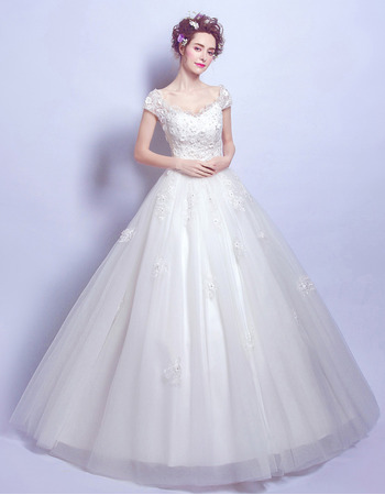 Off-the-shoulder Floor Length Wedding Dresses with Cap Sleeves