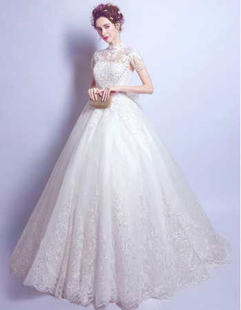 Custom Mandarin Collar Floor Length Wedding Dresses with Short Sleeves