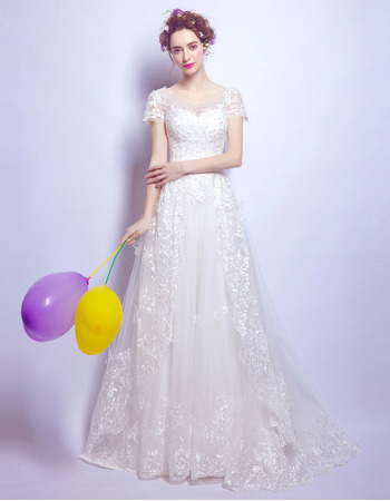 Discount Sweep Train Organza Wedding Dresses with Short Sleeves