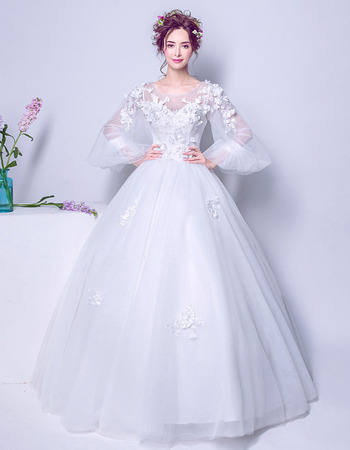 Elegant Ball Gown Floor Length Wedding Dress with Long Bubble Sleeves