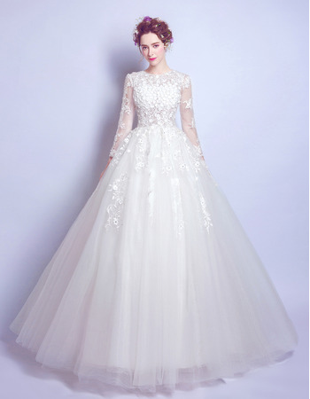 Custom A-Line Floor Length Organza Wedding Dresses with Long Sleeves