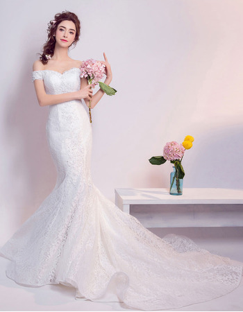 Inexpensive Mermaid Off-the-shoulder Long Lace Wedding Dresses