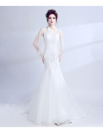 Mermaid Chapel Train Wedding Dress with Organza Shawl