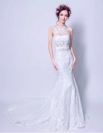 Custom Mermaid Halter Sleeveless Sweep Train Lace Wedding Dresses