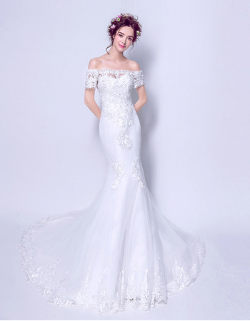 Custom Mermaid Off-the-shoulder Long Wedding Dress with Short Sleeves