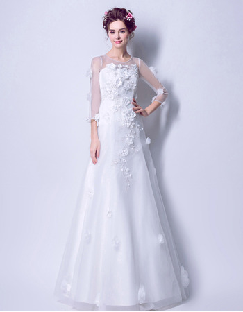 New A-Line Floor Length Wedding Dresses with 3/4 Long Sleeves