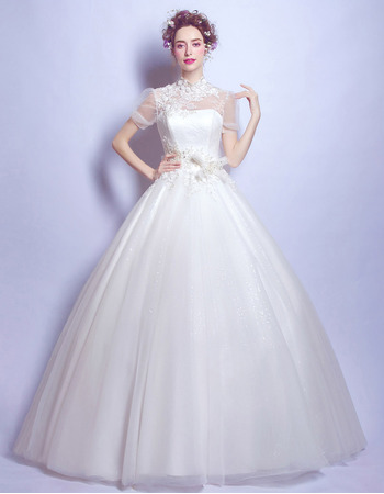 Elegant Ball Gown Mandarin Collar Wedding Dresses with Short Sleeves
