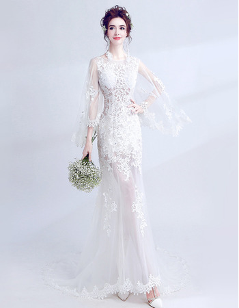 Custom Sheath Long Hollow Out Wedding Dresses with Long Sleeves