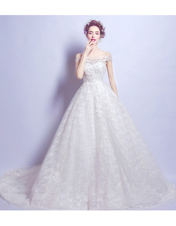 Elegant A-Line Off-the-shoulder Court Train Lace Wedding Dresses