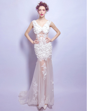 Custom Sheath V-Neck Floor Length Organza Applique Wedding Dresses