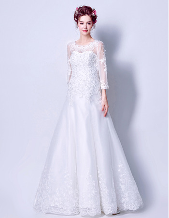 Discount A-Line Floor Length Wedding Dresses with 3/4 Long Sleeves