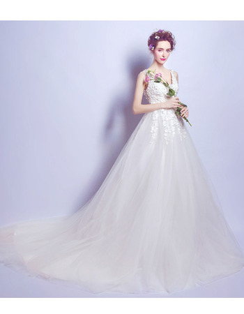 V-Neck Court Train Satin Organza Wedding Dresses