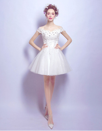 Inexpensive A-Line Off-the-shoulder Mini Short Petite Wedding Dresses
