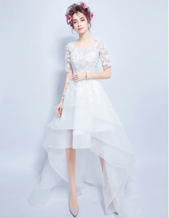 Casual A-Line High-Low Organza Wedding Dresses with Short Sleeves