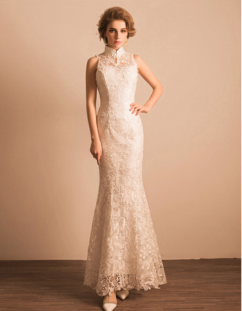 Custom Sheath Mandarin Collar Floor Length Lace Reception Wedding Dress