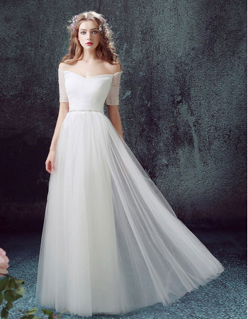 2018 Off-the-shoulder Long Organza Wedding Dresses with Short Sleeves