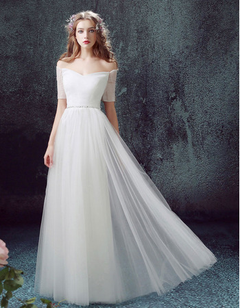 Off-the-shoulder Long Organza Wedding Dresses with Short Sleeves