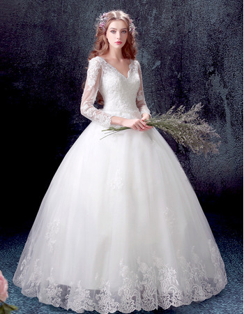 Custom Ball Gown V-Neck Floor Length Wedding Dresses with Long Sleeves