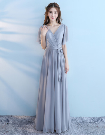 Custom V-Neck Short Sleeves Floor Length Chiffon Bridesmaid Dresses